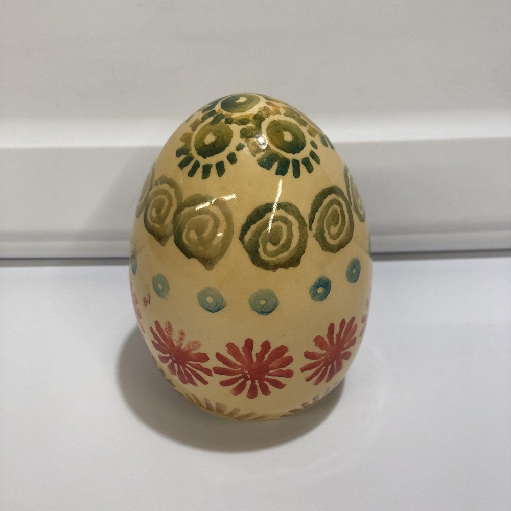 Hand Painted Ceramic Egg (4.5x3.5") Enamel Coated Folk Art Made In Italy Vintage